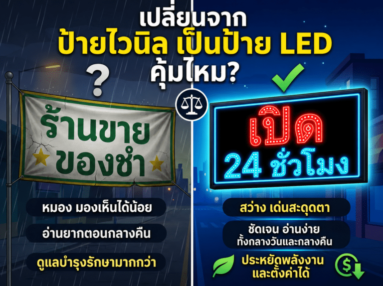 เปลี่ยนป้ายไวนิลเป็นจอ LED คุ้มไหม? สว่างคมชัด ประหยัดพลังงานจริง
