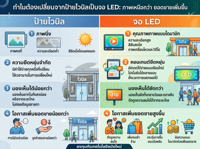 เปลี่ยนป้ายไวนิลเป็นจอ LED คุ้มไหม อัปเกรดภาพลักษณ์ สว่างชัด เพิ่มยอดขาย